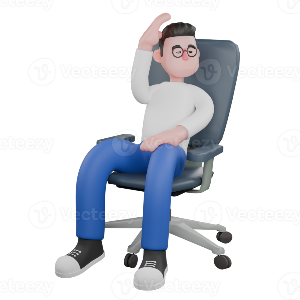 Creative Editor 3D Cartoon Character Design. A male editor sits on a chair with his right hand above his head and his left hand on his thigh. Professional Model. png