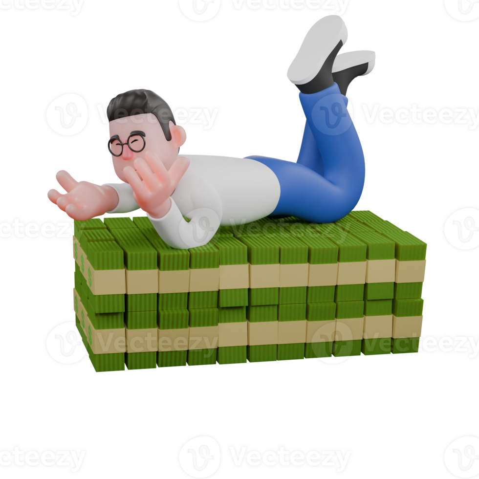 Professional Editing 3D Cartoon Model. A male editor is lying on a pile of money with both legs crossed. Professional Model. png