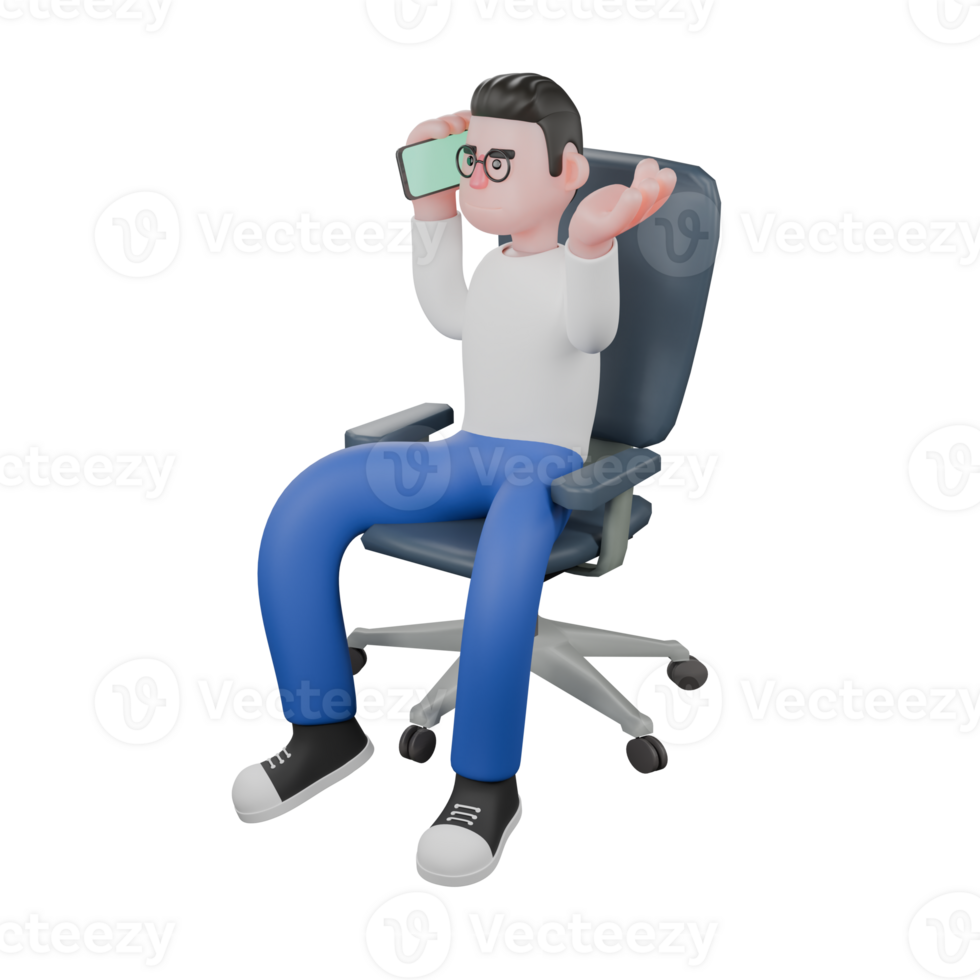 Professional Editing 3D Cartoon Model. A Male Editor sits on a chair with his right hand holding a cellphone, expressing an incoming call. Illustration Design png