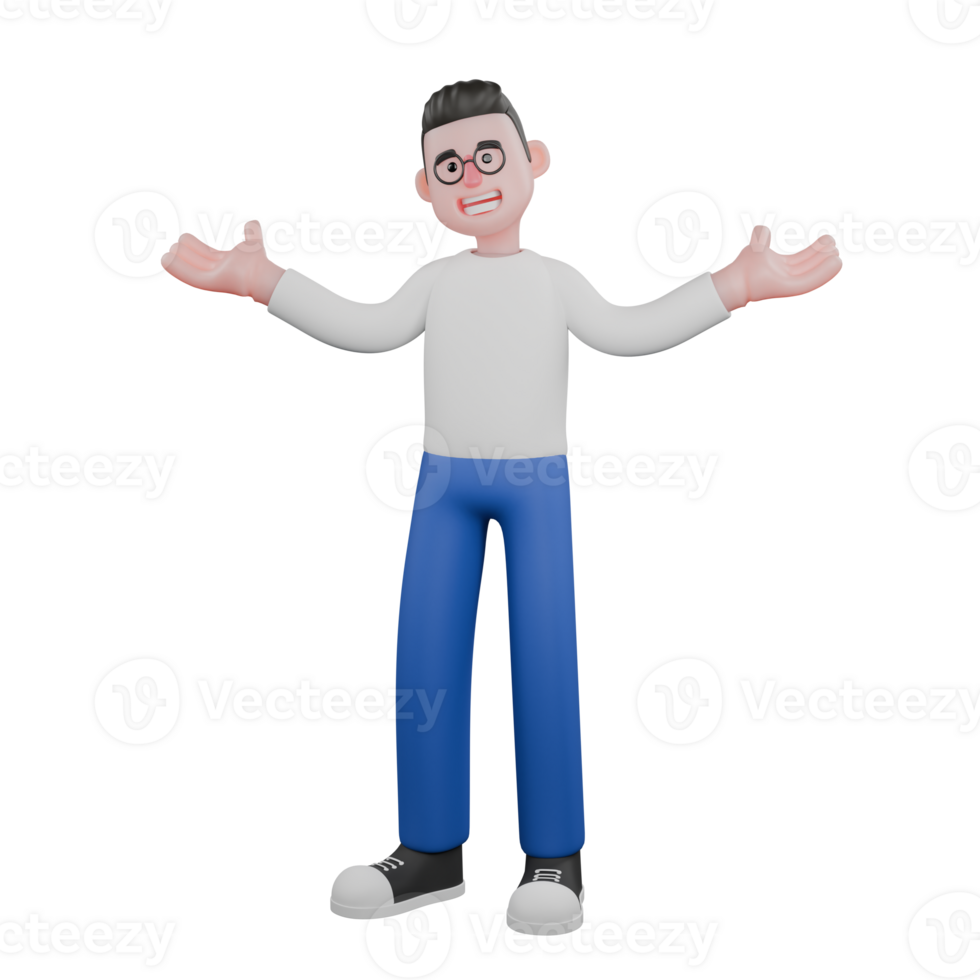 Cartoon Character 3D Model Editor Design. A male editor stands with both hands open, an expression of welcoming the audience. Illustration Design. png