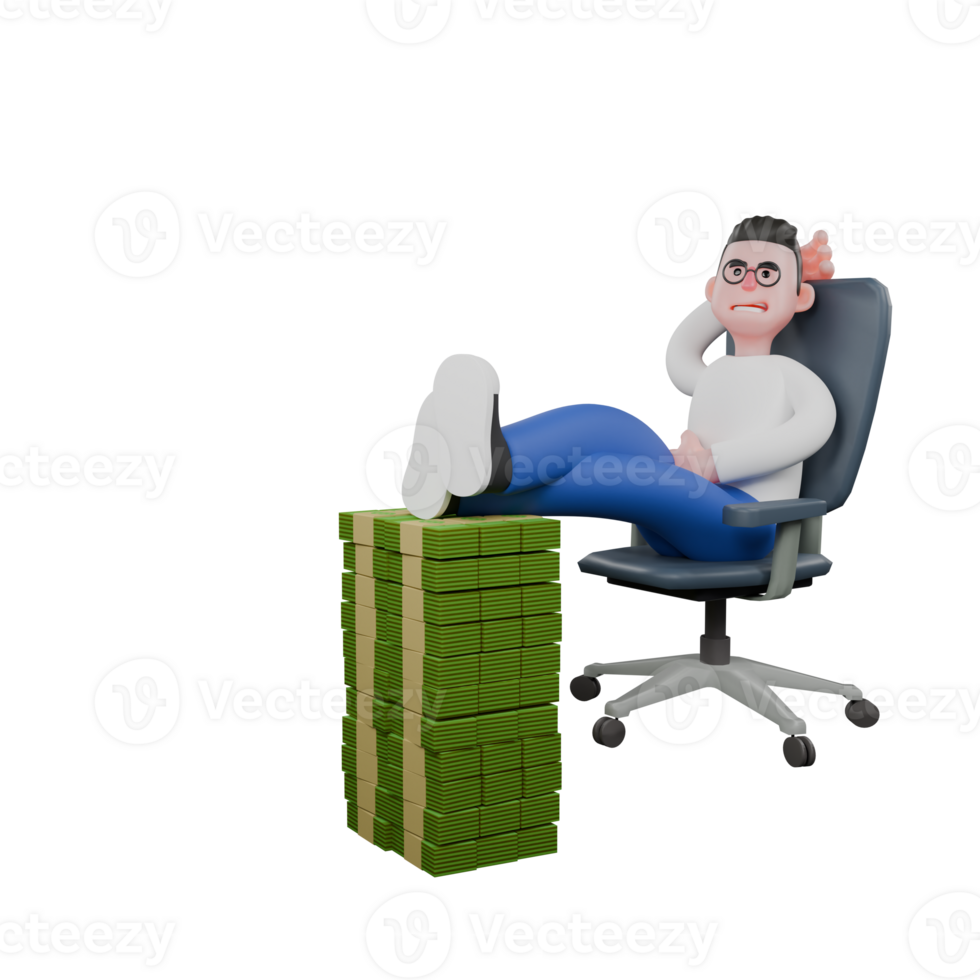 Cartoon Character 3D Model Editor Design. A Male Editor sits with one hand behind his head, feet on a pile of money, arrogant smile. Professional Model png
