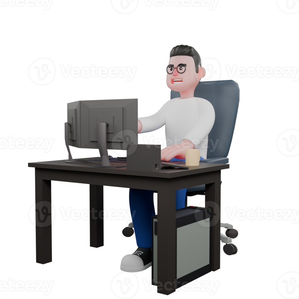 Editor in Cartoon Style 3D Model Illustration. A male editor sits on a chair with a computer on his desk while typing on a keyboard in his left hand. Design Character. png