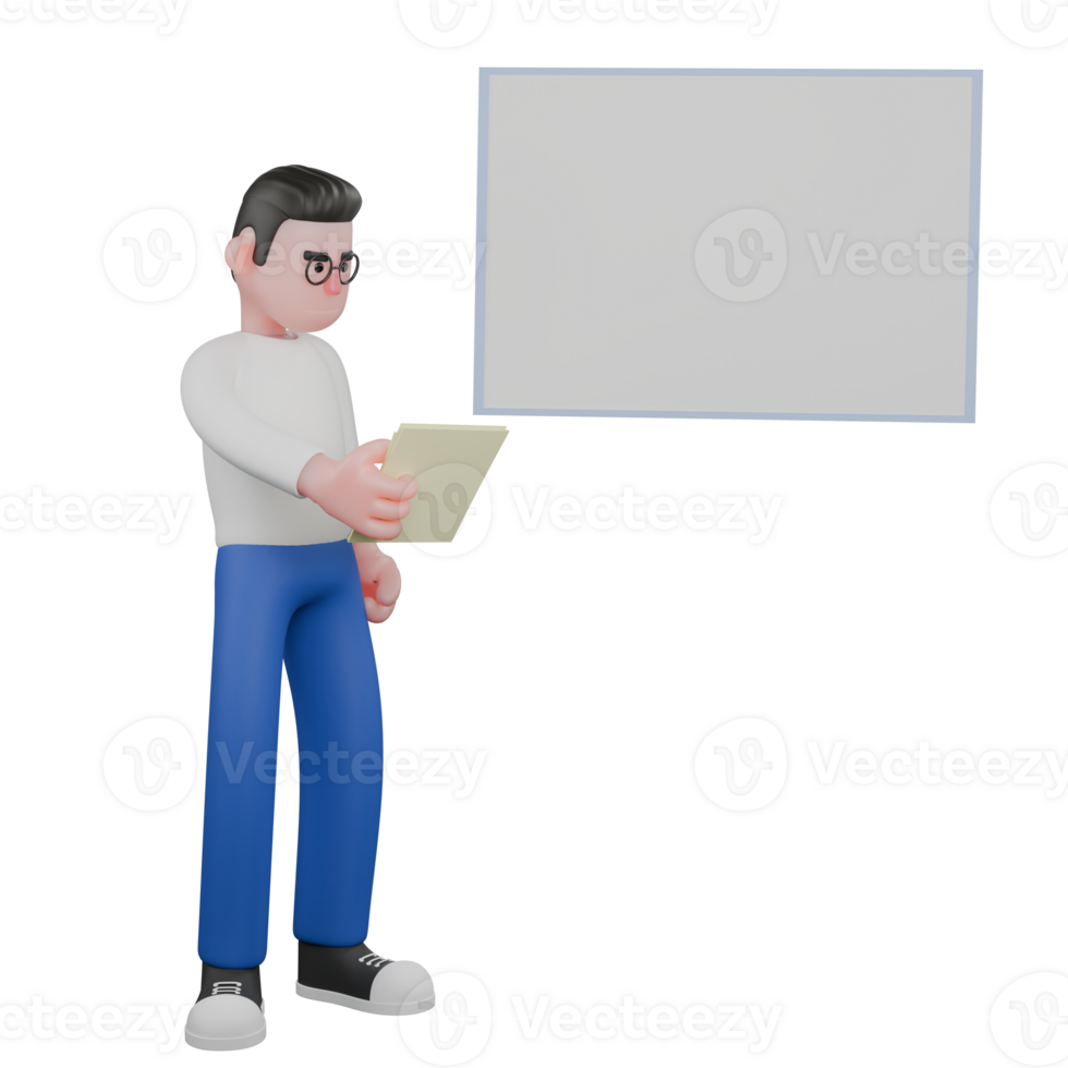 Cartoon Character 3D Model Editor Design. A male editor stands next to a whiteboard holding a sheet of paper in his left hand while looking at it, an expression of presentation. Illustration Design. png