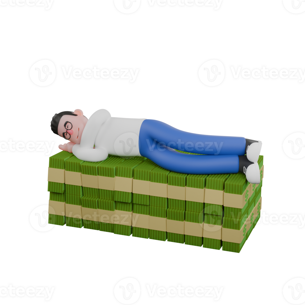 Creative Editor 3D Cartoon Character Design. A male editor is lying on a pile of money with both hands supporting each other on his cheeks. Design png