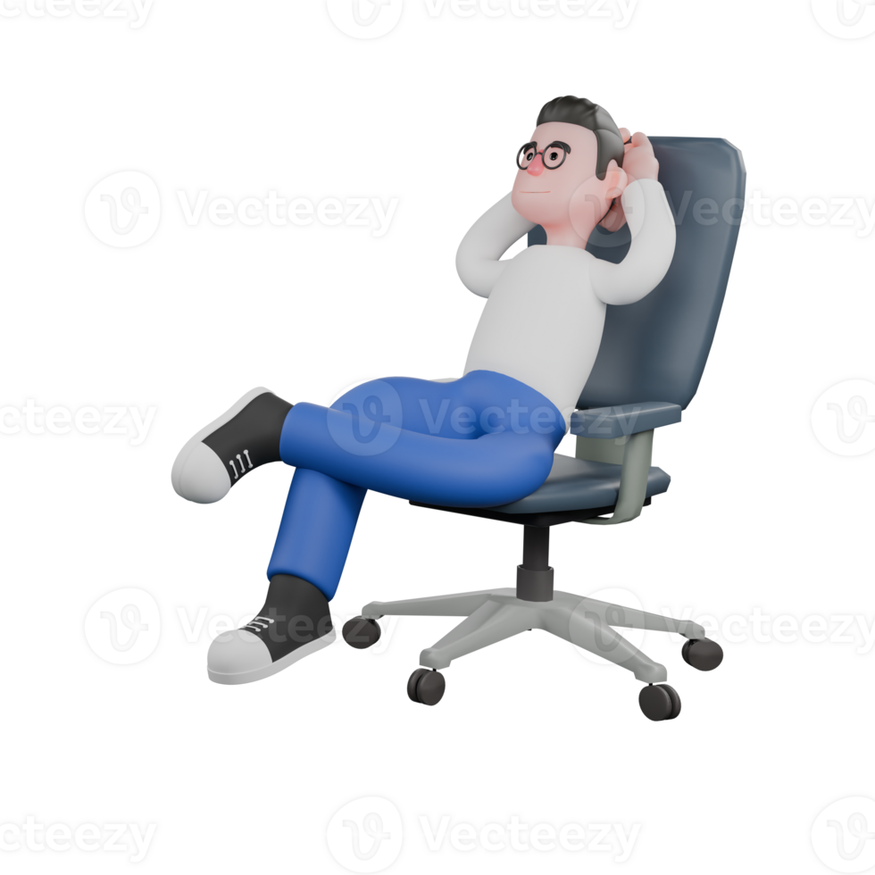 Creative Editor 3D Cartoon Character Design. A male editor sits and leans back in a chair with both hands behind his head, a relaxed expression. Design png