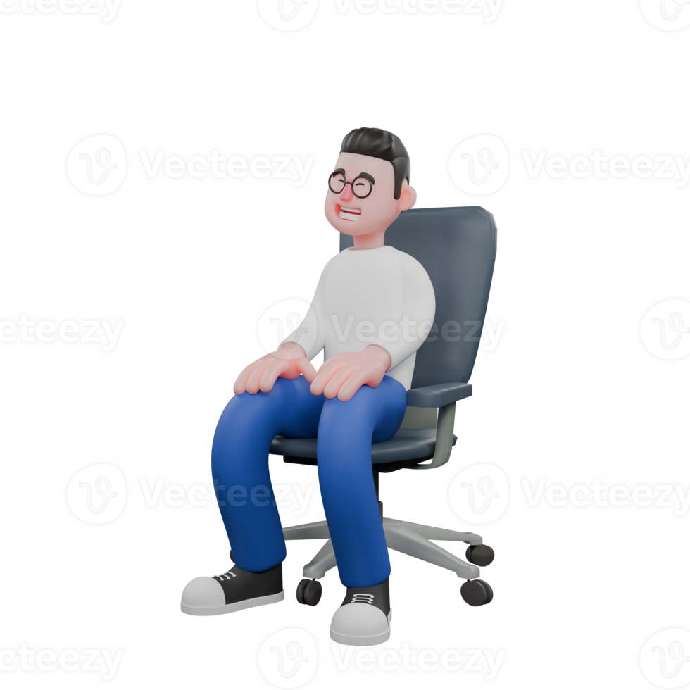 Professional Editing 3D Cartoon Model. A male editor sits with his hands on his knees and his eyes closed, laughing expression. Professional Model. png