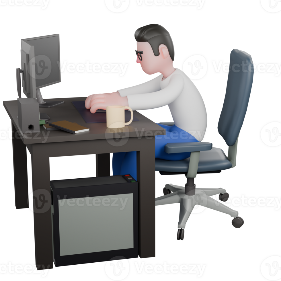 Professional Editing 3D Cartoon Model. A Male Editor sits on a chair with a computer on the table. Professional Model. png