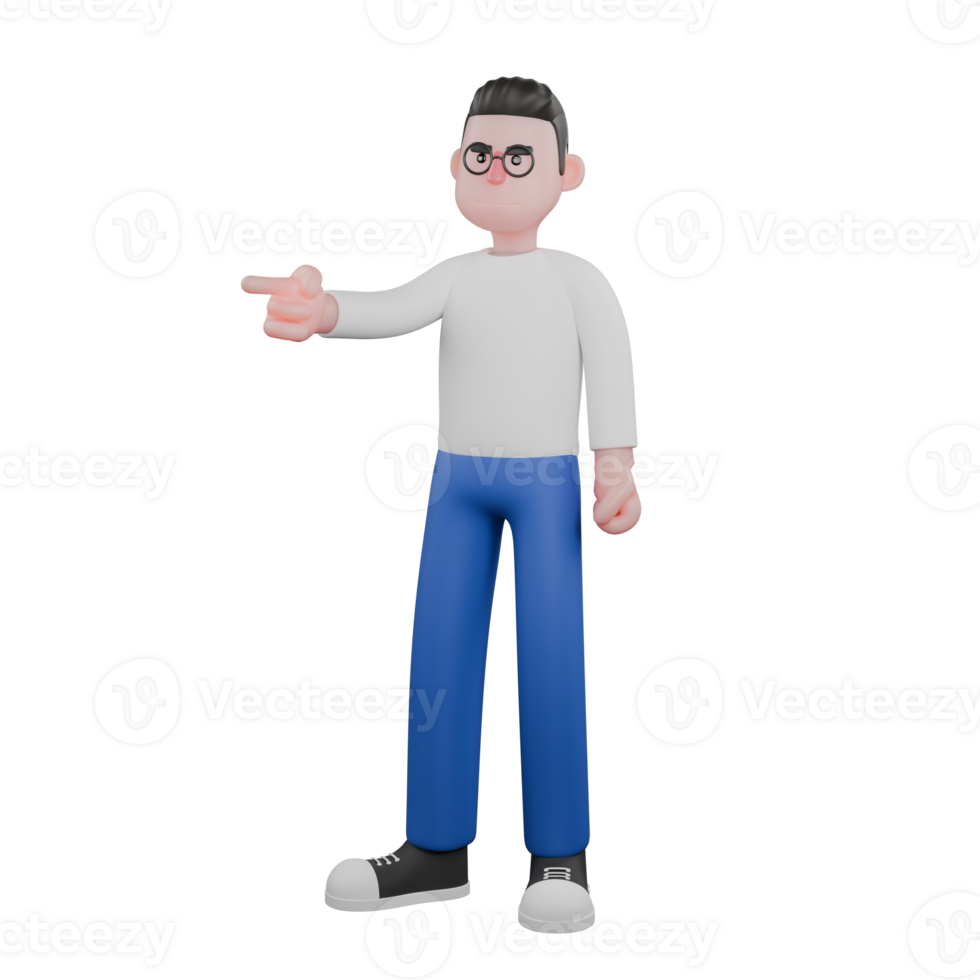 Professional Editing 3D Cartoon Model. A male editor stands with his right hand pointing forward, and his left hand is clenched. Professional Model. png
