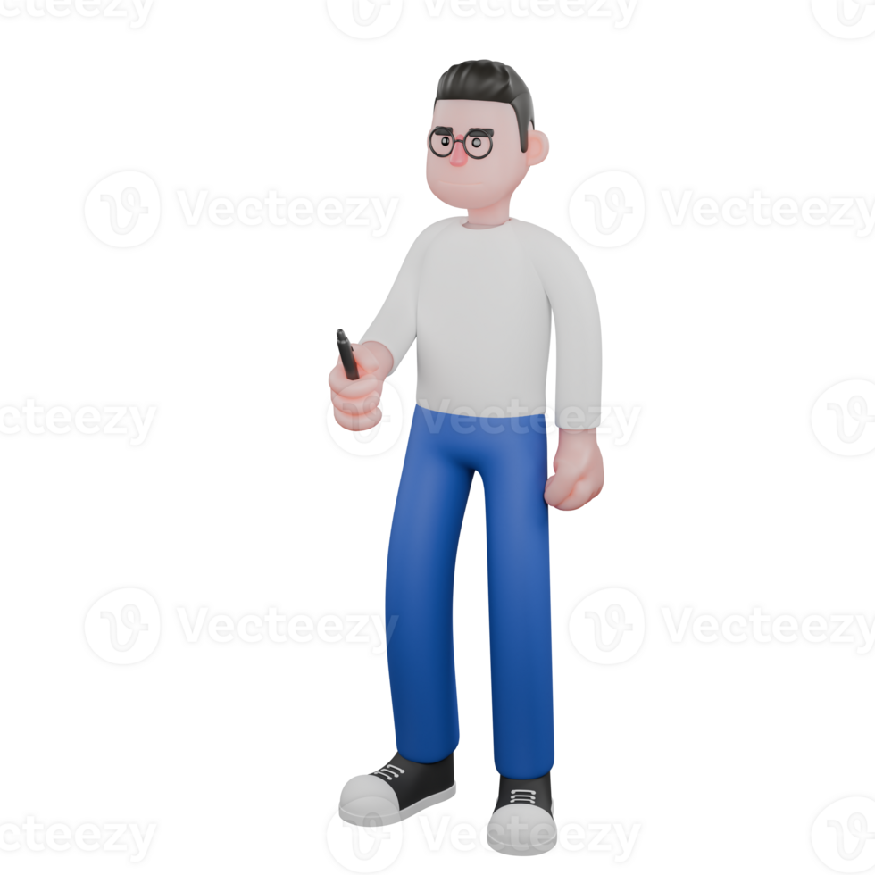 Creative Editor 3D Cartoon Character Design. A male editor stands with his right hand holding a pen and his left hand clenched. Design Character png