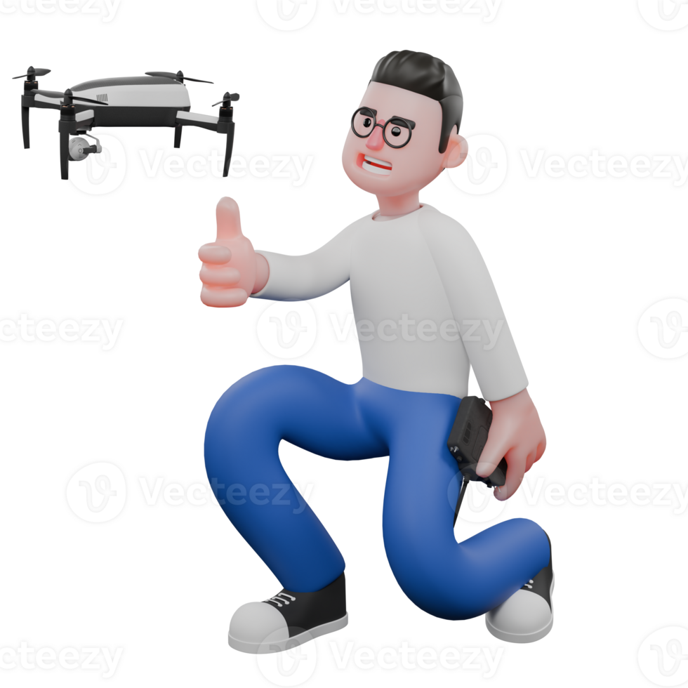 Editor in Cartoon Style 3D Model Illustration. A Male Editor Kneels beside a drone with one hand holding the drone remote control and the other giving a thumbs up, a big smile . Design Character png