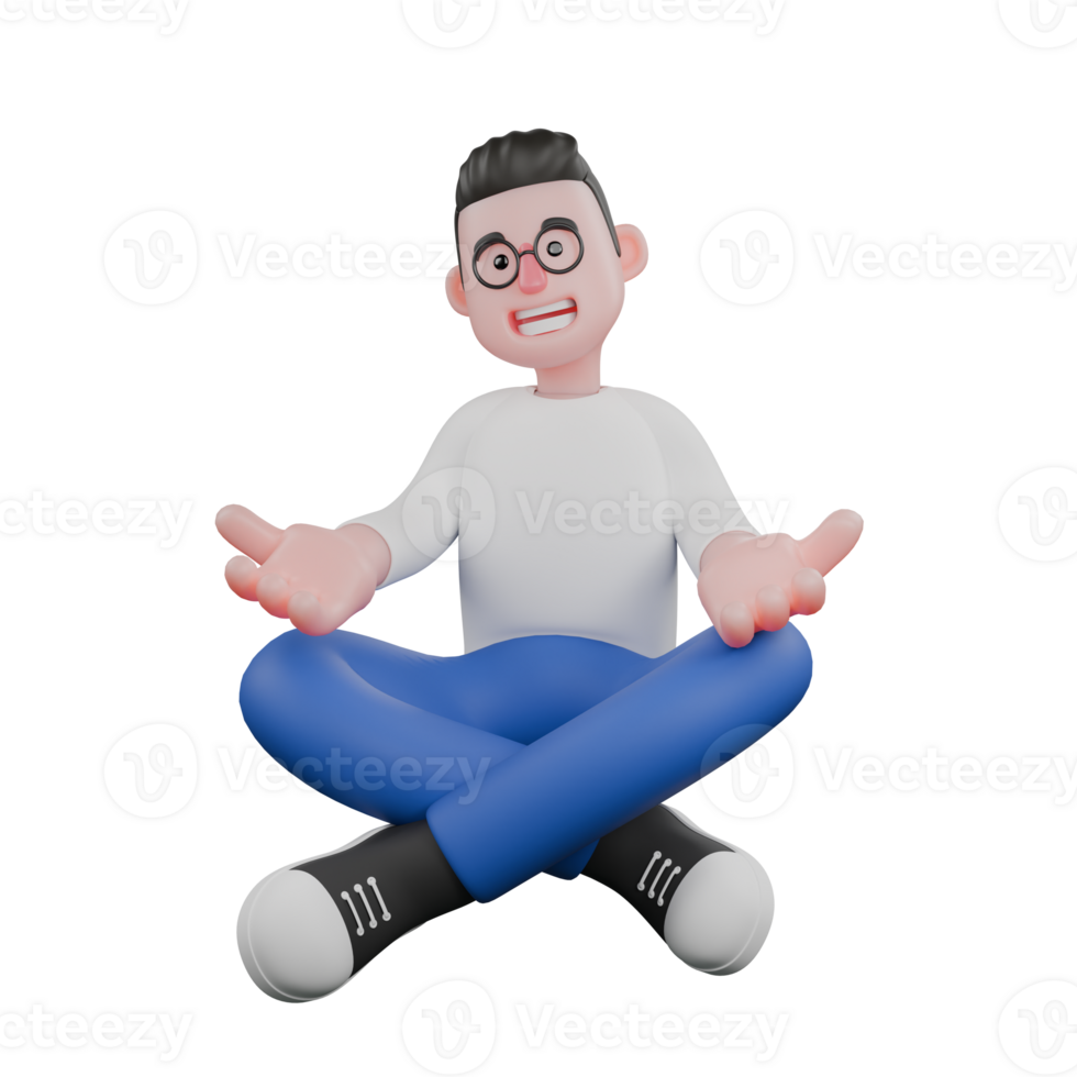 Professional Editing 3D Cartoon Model. A male editor sits cross-legged with his hands on his knees, meditative expression. Professional Model. png