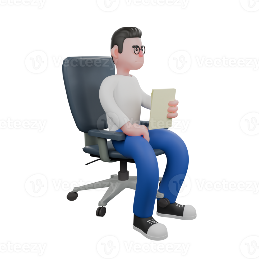 Editor in Cartoon Style 3D Model Illustration. A male editor sits on a chair holding several sheets of paper, observing something in front of him. Design Character. png