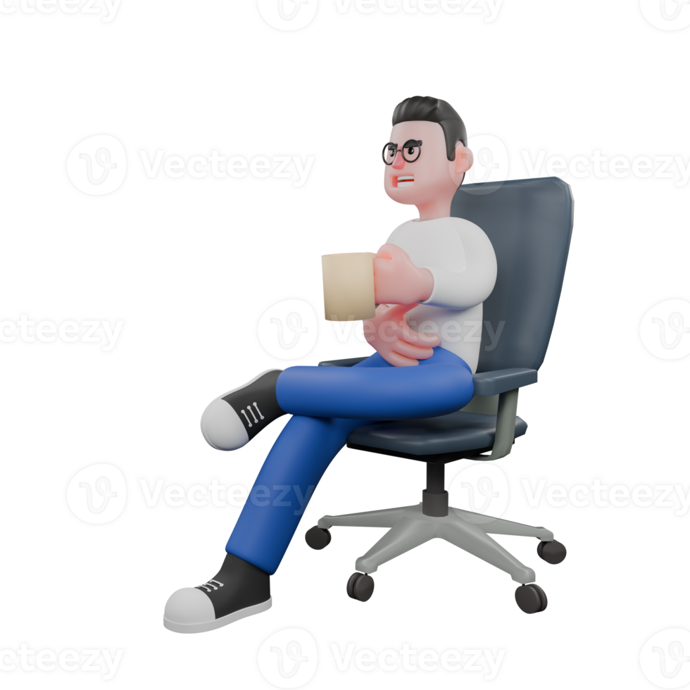 Professional Editing 3D Cartoon Model. A male Editor sits on a chair with his left leg crossed while his left hand is holding a cup of coffee. Illustration Design png