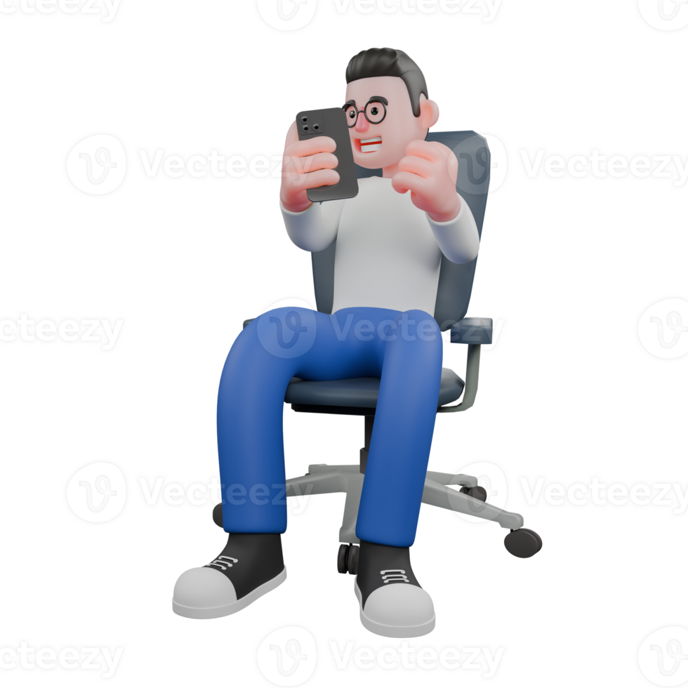 Professional Editing 3D Cartoon Model. A male editor sits with his right hand holding a cellphone while looking at it, and his left hand clenched. Professional Model. png