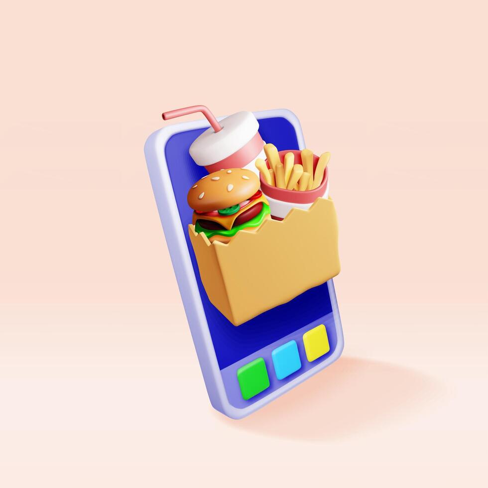 3D tasty burger, red glass with drinking straw, french fries in smartphone. Render cup of cola with fries and cheeseburger in paper bag. Fast food delivery concept. vector