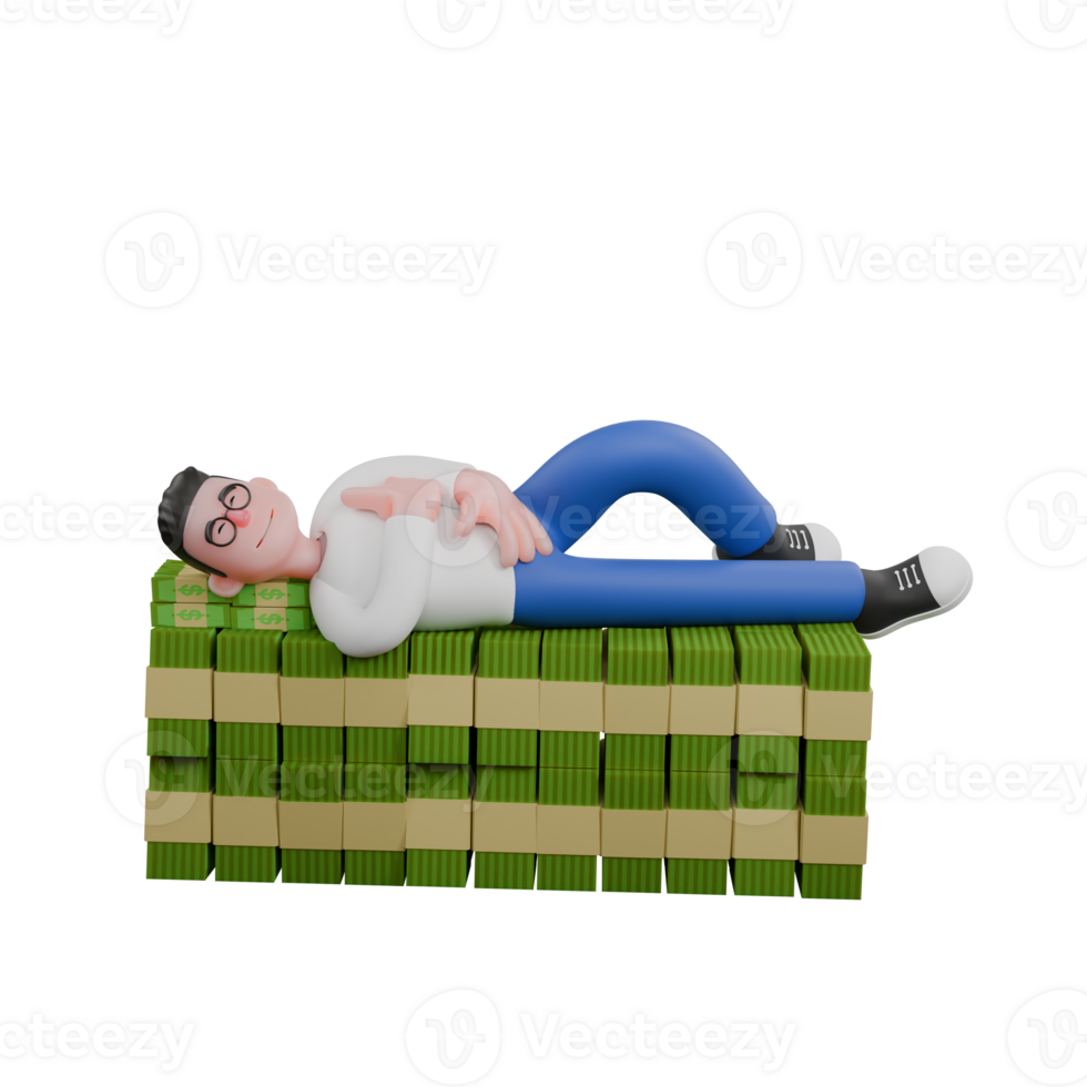 Editor in Cartoon Style 3D Model Illustration. A male editor lies on a pile of money. Design png