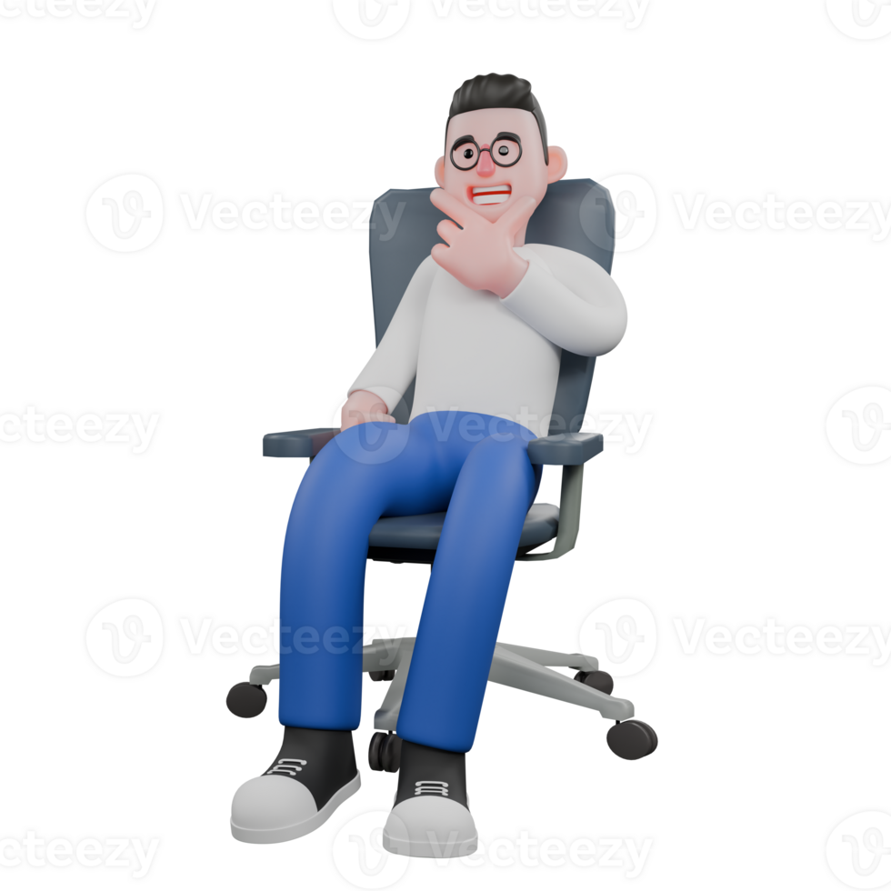 Professional Editing 3D Cartoon Model. A Male Editor sits on a chair with his hand on his chin, expression full of planning. Illustration Design png