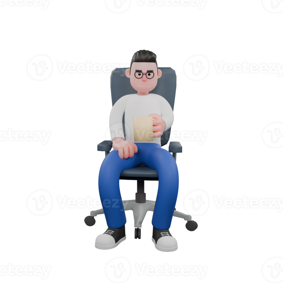 Editor in Cartoon Style 3D Model Illustration. A male editor sits on a chair holding a cup of coffee in his left hand while looking at it . Design Character png