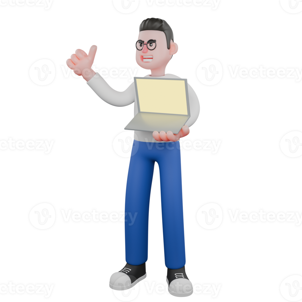 Professional Editing 3D Cartoon Model. A Male Editor standing with a laptop screen in his left hand and a thumbs up in his right hand . Illustration Design png