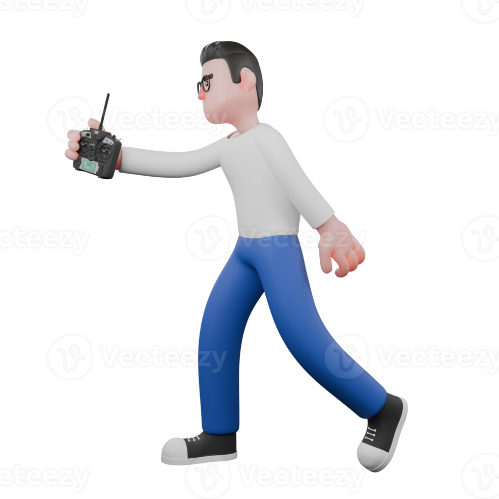 Professional Editing 3D Cartoon Model. A male editor walks with a remote control in his right hand. Illustration Design png