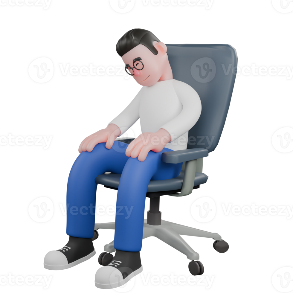3D Model Cartoon Character for Editing. A male editor is sitting on a chair with both hands on his knees, a sleeping expression. Illustration Design png