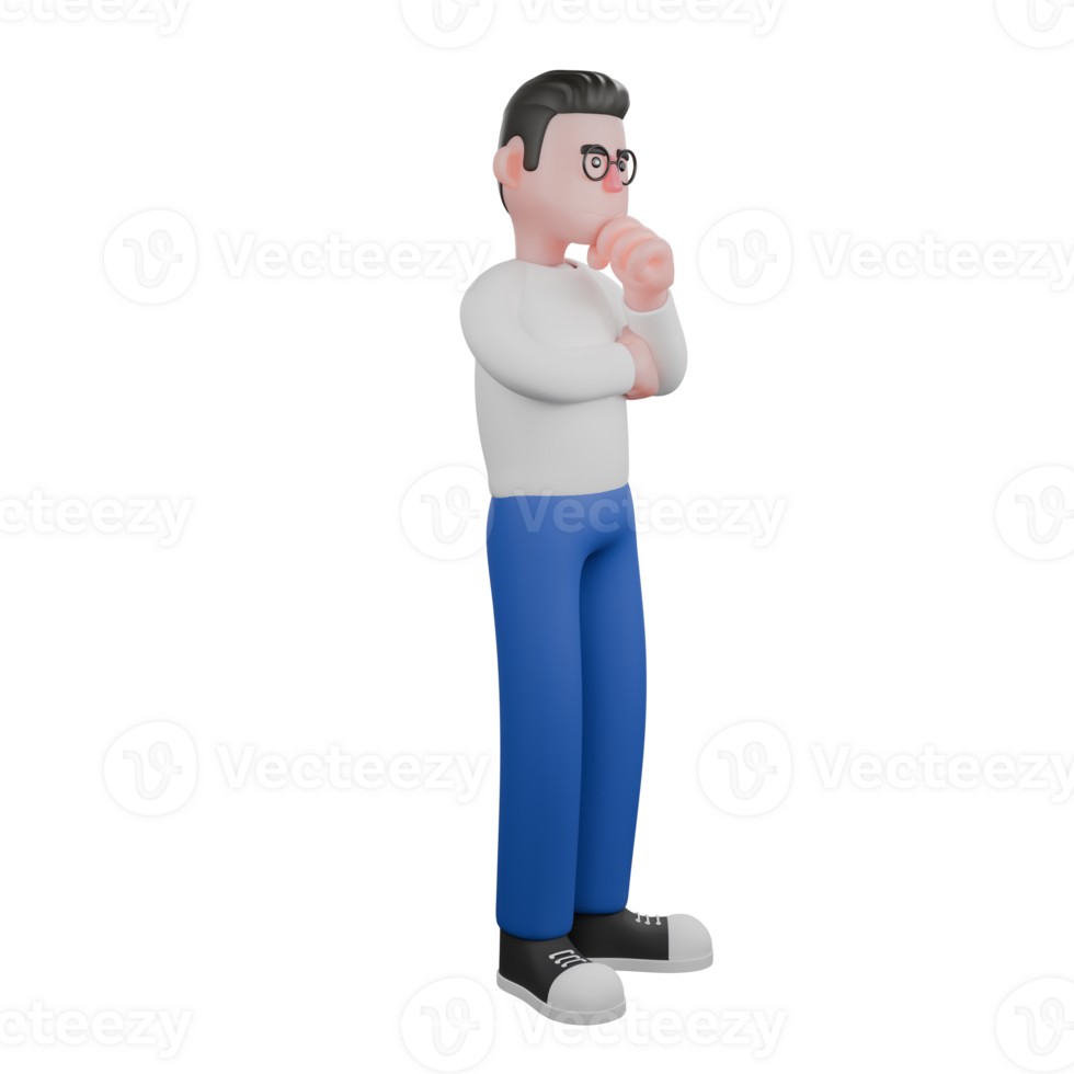 Cartoon Illustration Design of Editor 3D Character. A male editor stands facing left with one hand holding his chin and the other hand wrapped in front of his chest, expression thinking. png