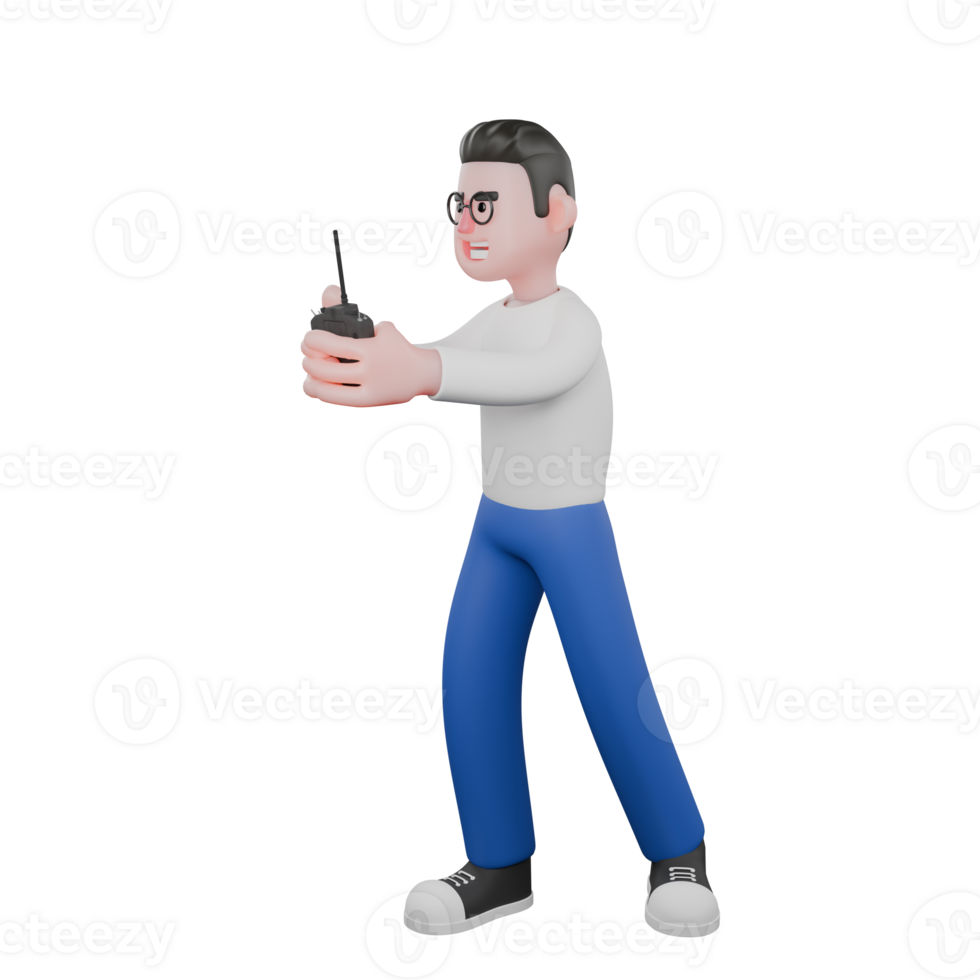 Professional Editing 3D Cartoon Model. A Male Editor stands with both hands forward while holding a drone remote, smiling expression . Illustration Design png