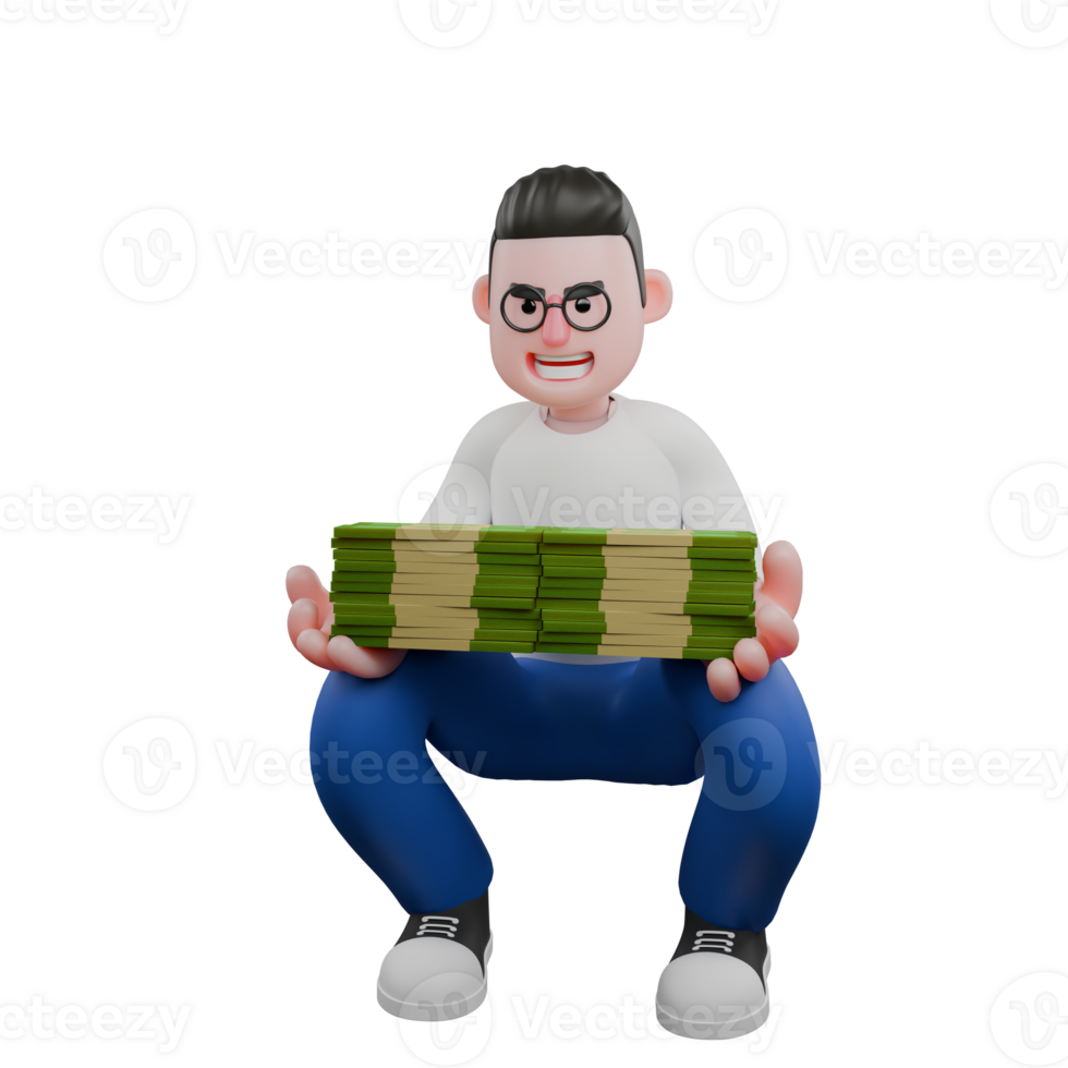 Cartoon Character 3D Model Editor Design. A Male Editor squatting with both hands holding a pile of money, smiling expression. Professional Model png