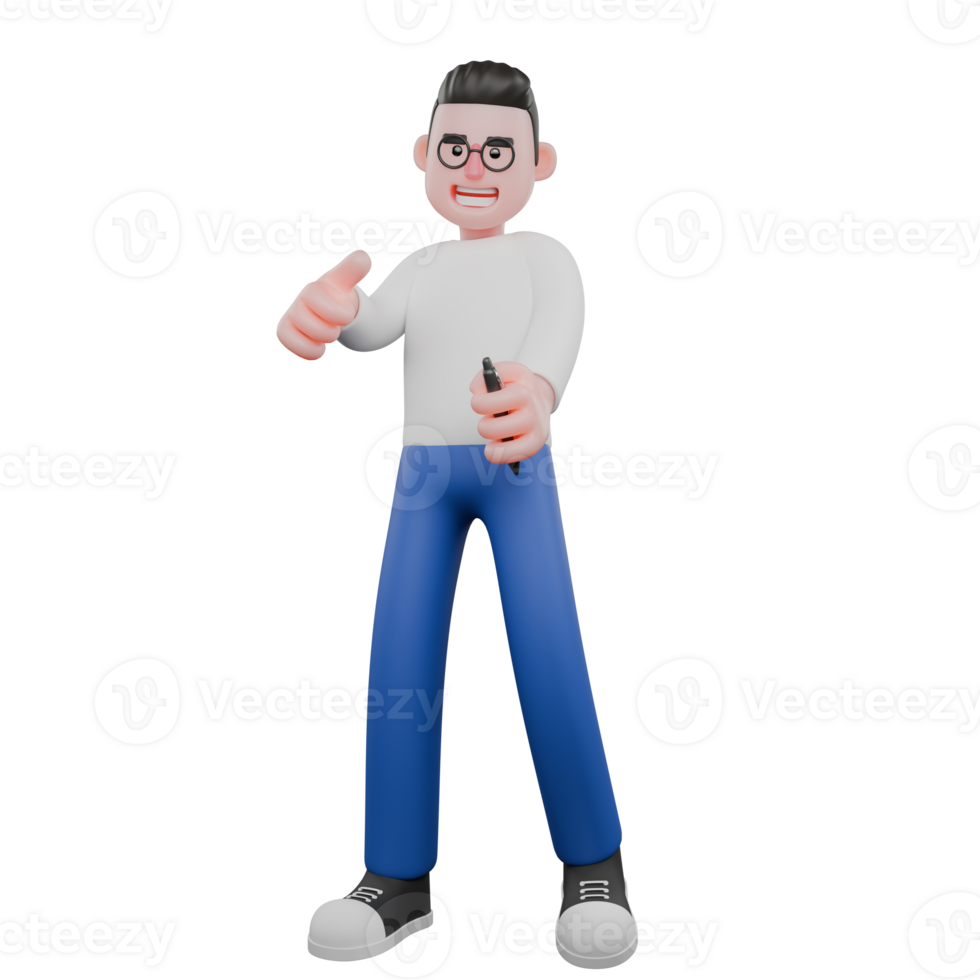 Editor in Cartoon Style 3D Model Illustration. A Male Editor stands with a pen in his hand his left hand and the other hand giving a thumbs up, a big smile expression . Design Character png