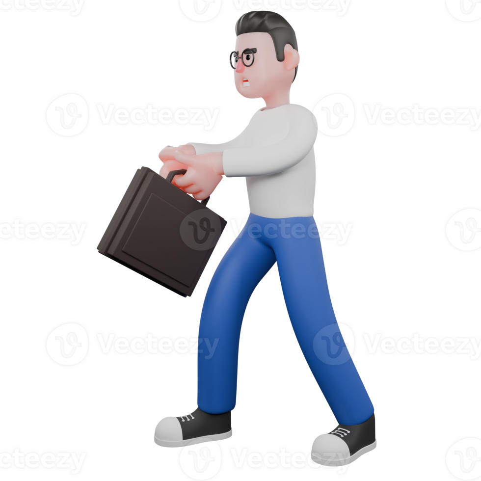 Professional Editing 3D Cartoon Model. A Male Editor walks to the right with both hands carrying a black briefcase, an expression ready to work . Illustration Design png