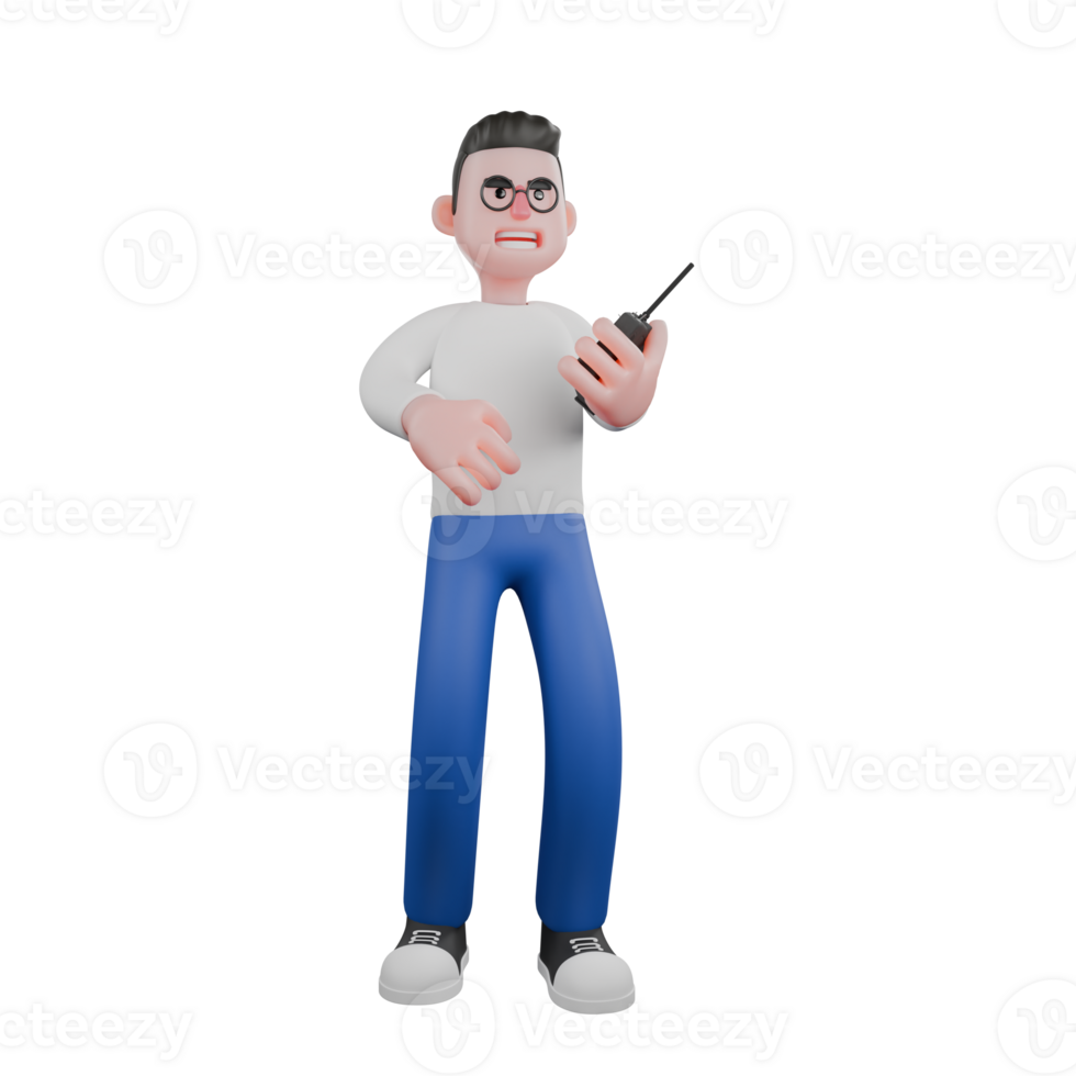 Cartoon Character 3D Model Editor Design. A male Editor stands with his right hand extended forward while the other hand is holding a remote control, enthusiastic expression. Professional Model png