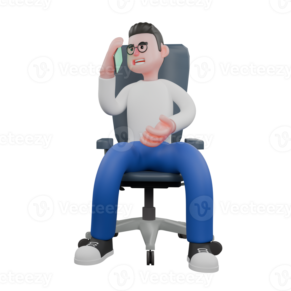 Editor in Cartoon Style 3D Model Illustration. A male editor sits holding a cellphone in his right hand, and his left hand is open, expression talking . Design Character png