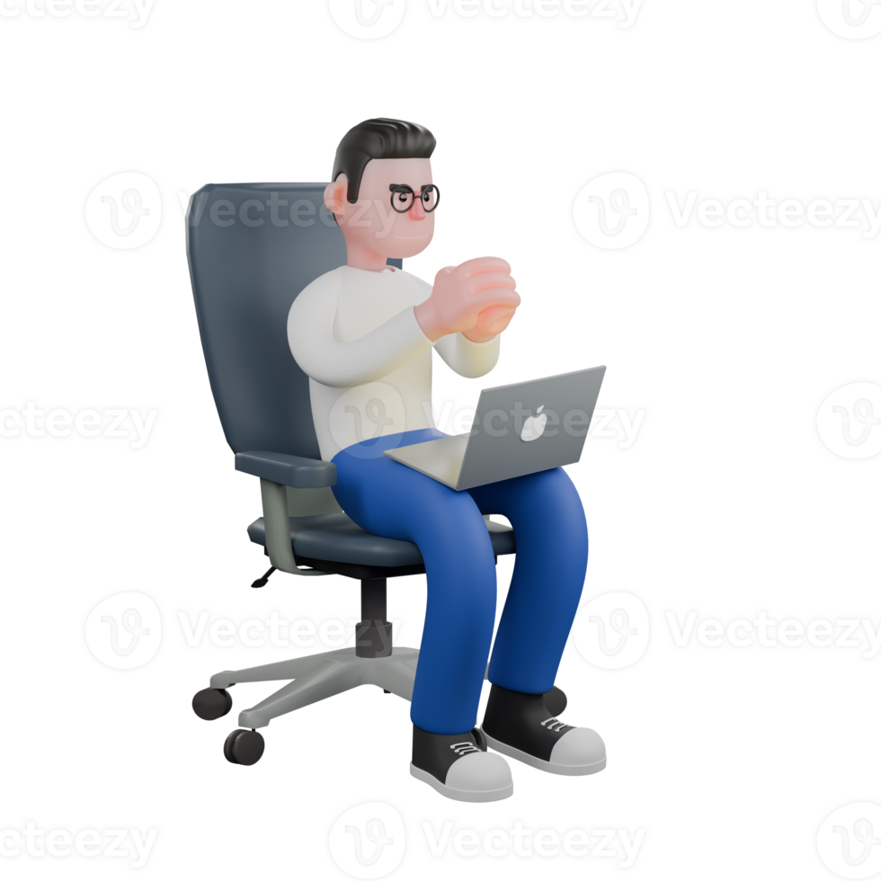 Editor Cartoon Character for Projects. A male editor sits on a chair with a laptop on his lap while both hands are clasped in front of his chest 3D Illustration Design png