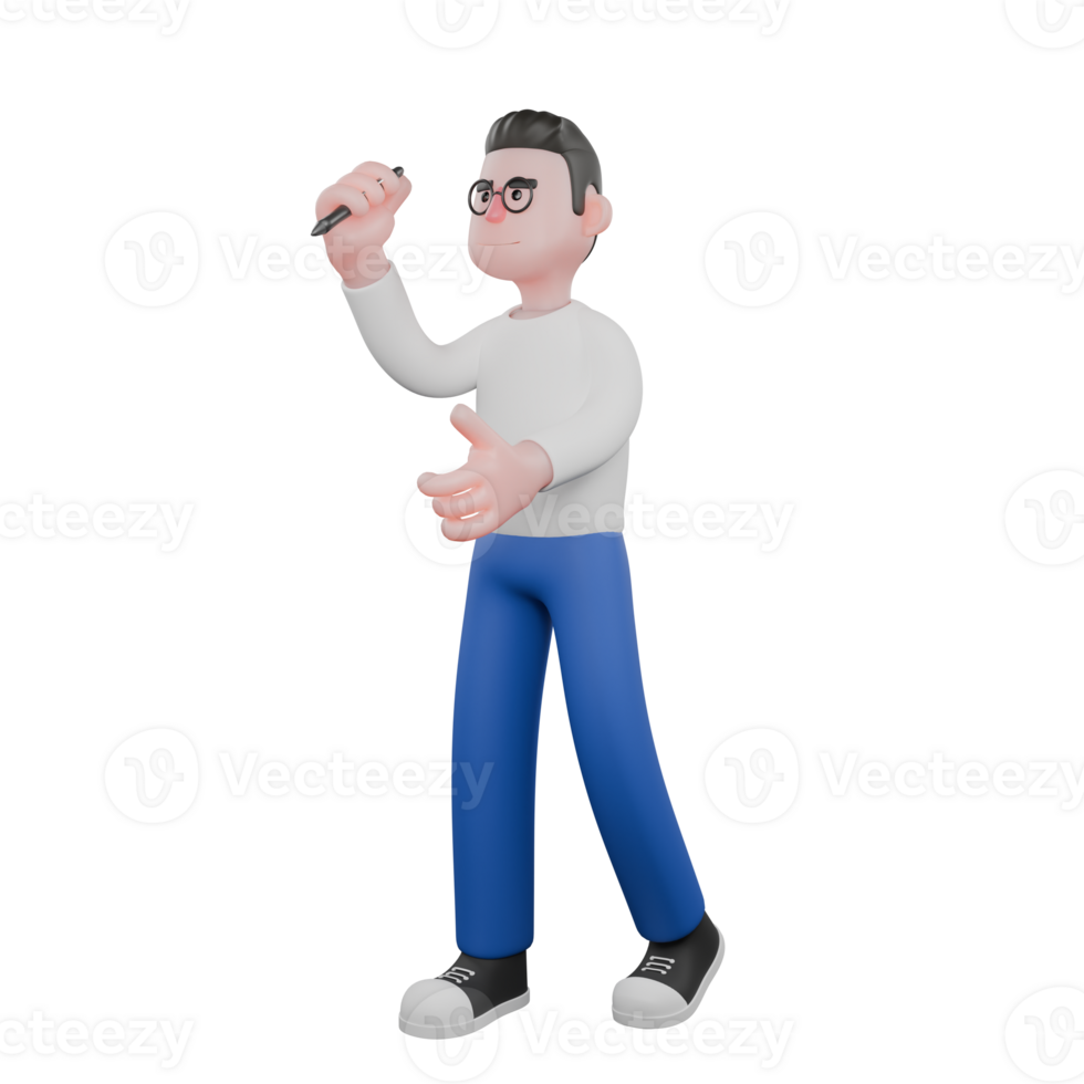 Cartoon Character 3D Model Editor Design. A Male Editor walks with a pen in his right hand while looking up. Professional Model png