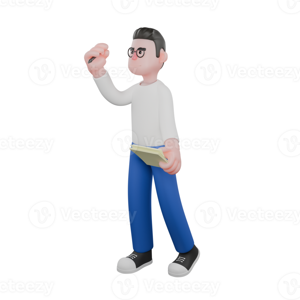 Professional Editing 3D Cartoon Model. A Male Editor stands with one hand holding a sheet of paper and the other hand holding a pen, focused expression. Illustration Design png