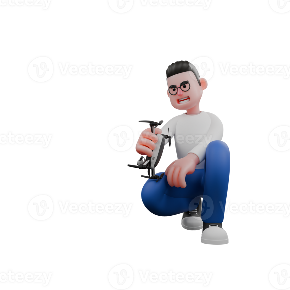 Professional Editing 3D Cartoon Model. A male Editor crouches with his right hand holding a drone, satisfied expression. Illustration Design png