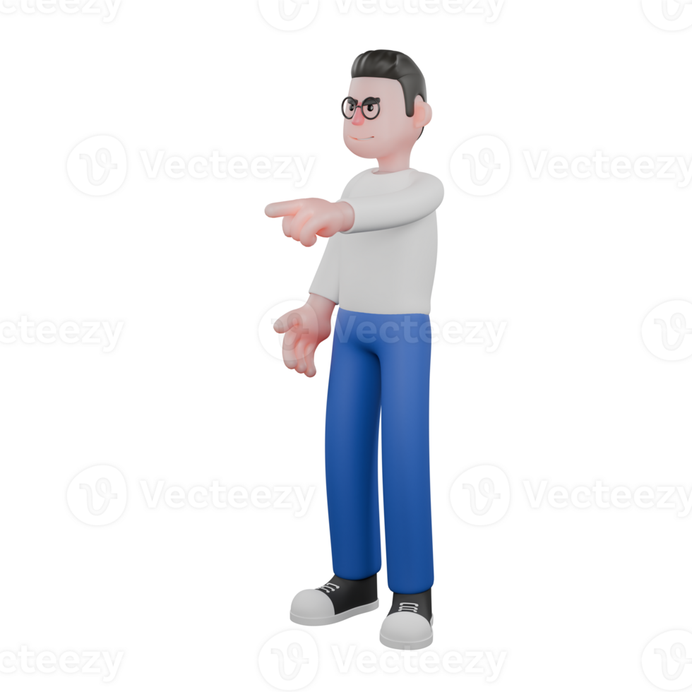 Editor in Cartoon Style 3D Model Illustration. A male editor stands with one hand pointing forward while the other is open at his side. Design Character png