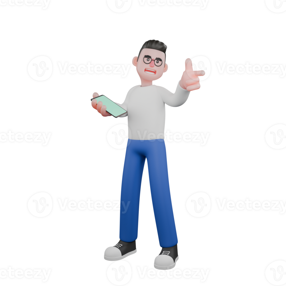 Professional Editing 3D Cartoon Model. A male editor stands holding a cellphone in his right hand, and his left hand points to the side while looking at it . Illustration Design png