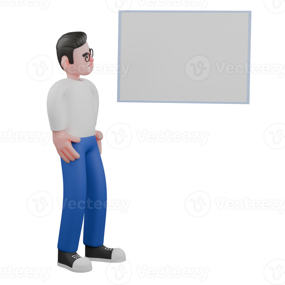 Professional Editing 3D Cartoon Model. A male editor stands next to a whiteboard while looking at it, and both hands are on his waist. Professional Model. png