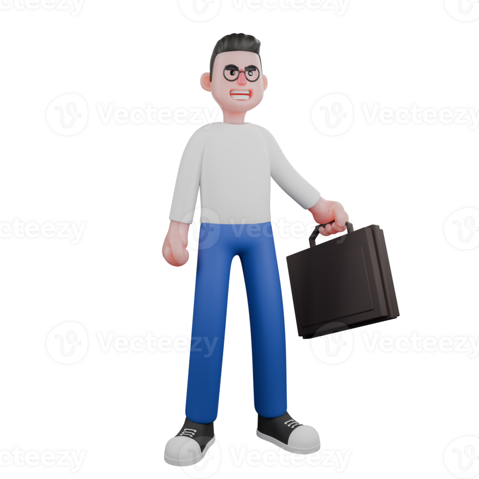 Editor in Cartoon Style 3D Model Illustration. A Male Editor standing with one hand holding a briefcase, smiling expression . Design Character png