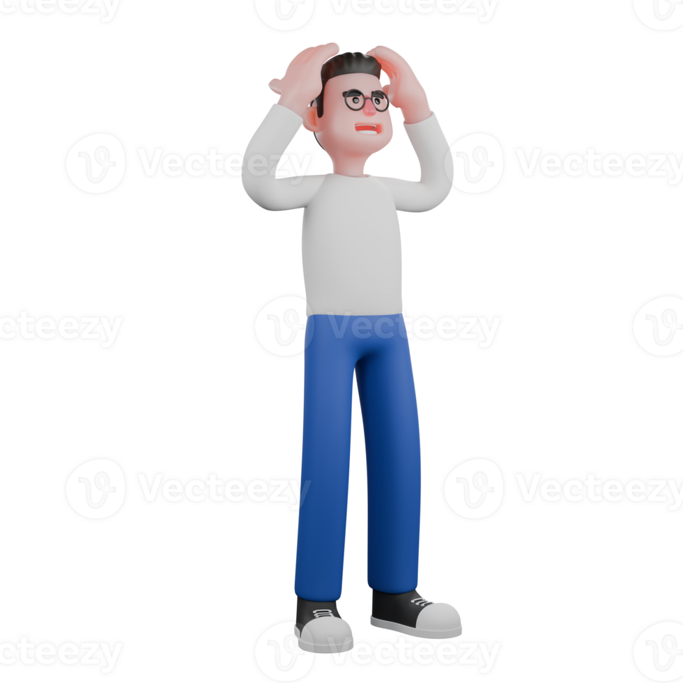 Cartoon Character 3D Model Editor Design. A male editor stands with both hands holding his head, frustrated expression. Professional Illustration png