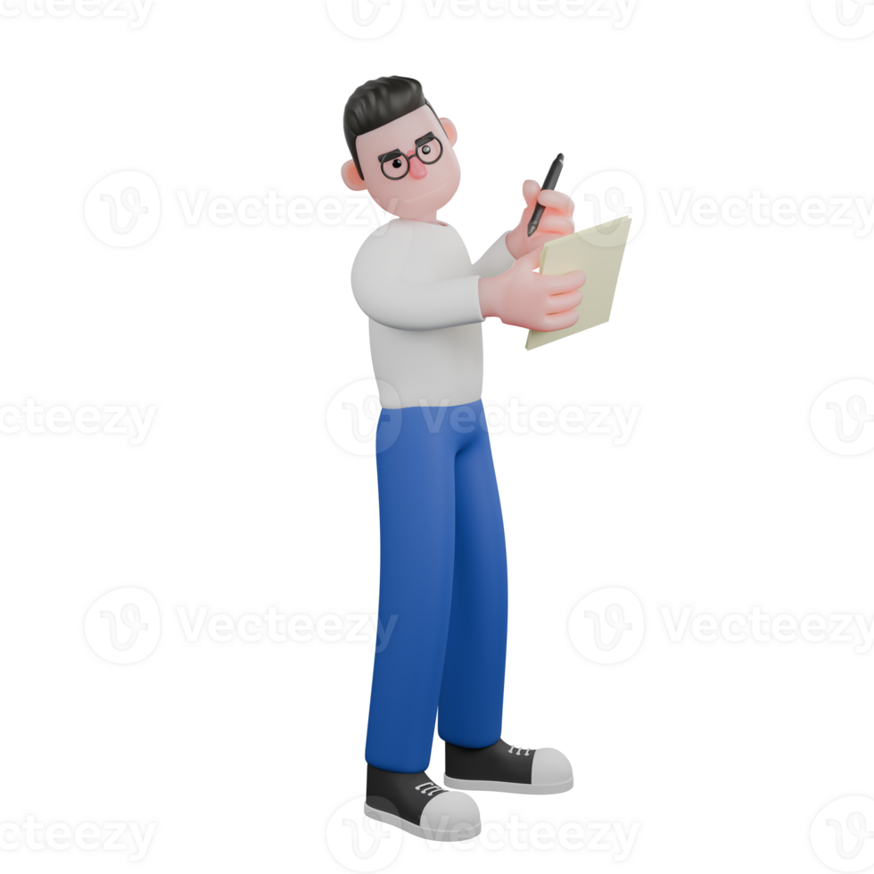 Editor Cartoon Style 3D Model Illustration. A male editor stands holding a sheet of paper in his right hand while looking at it, and holding a pen in his left hand, an expression of wanting to write. png