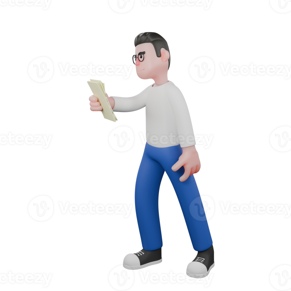 Editor in Cartoon Style 3D Model Illustration. A Male Editor stands with one hand holding several sheets of paper, serious expression . Design Character png