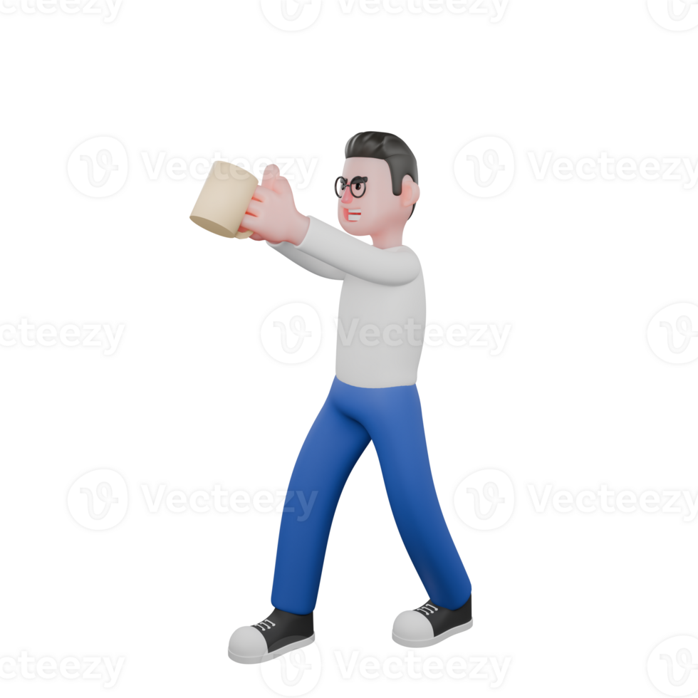 Editor in Cartoon Style 3D Model Illustration. A Male Editor walking to the right with both hands lifting a cup of coffee in front of him, excited expression . Design Character png