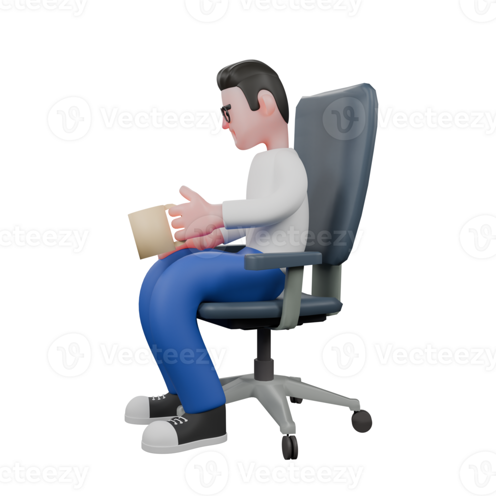Professional Editing 3D Cartoon Model. A male editor sits with holding a cup of coffee in his left hand while looking at it . Illustration Design png