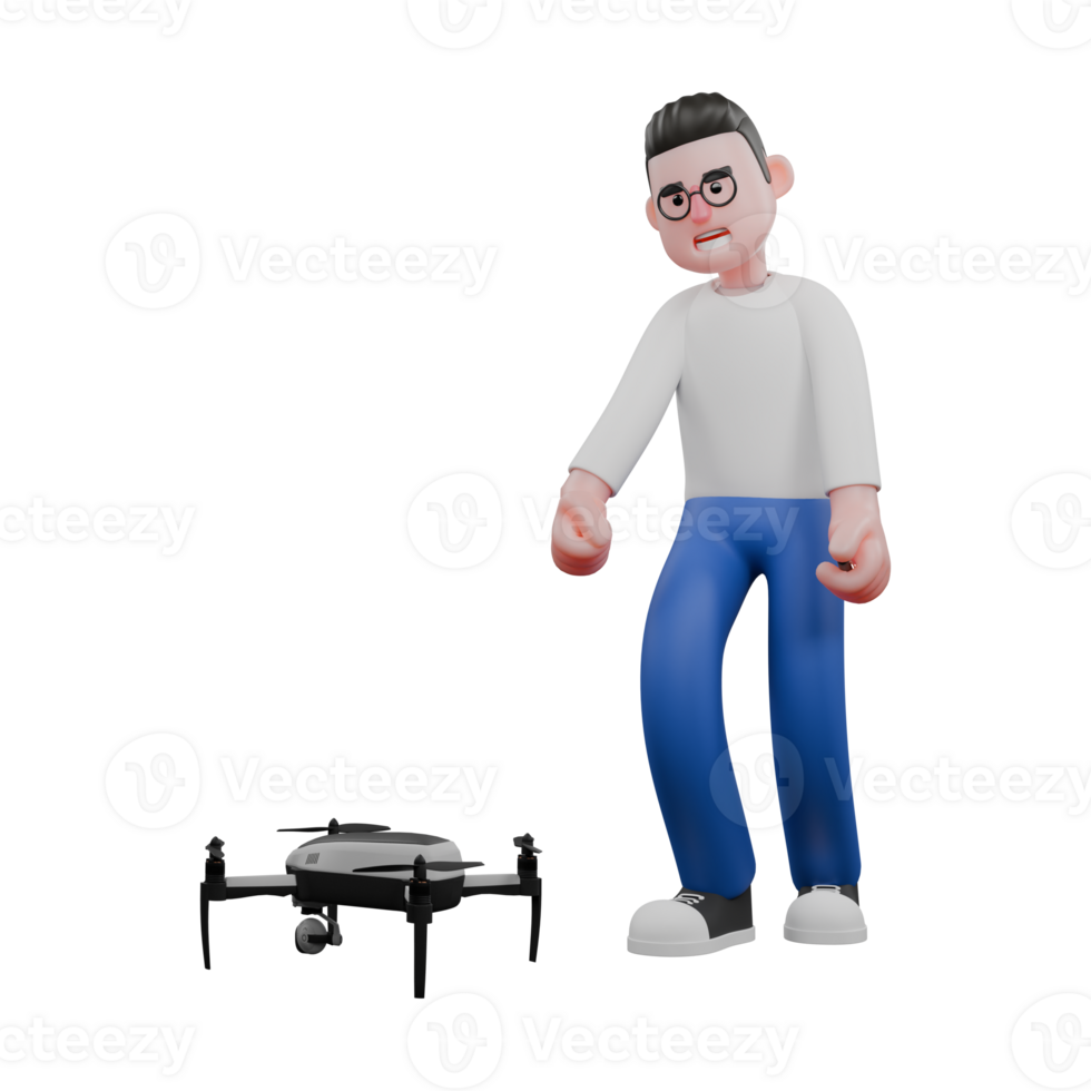 Professional Editing 3D Cartoon Model. A Male Editor walks towards a drone with both hands wanting to take the drone in front of him . Illustration Design png