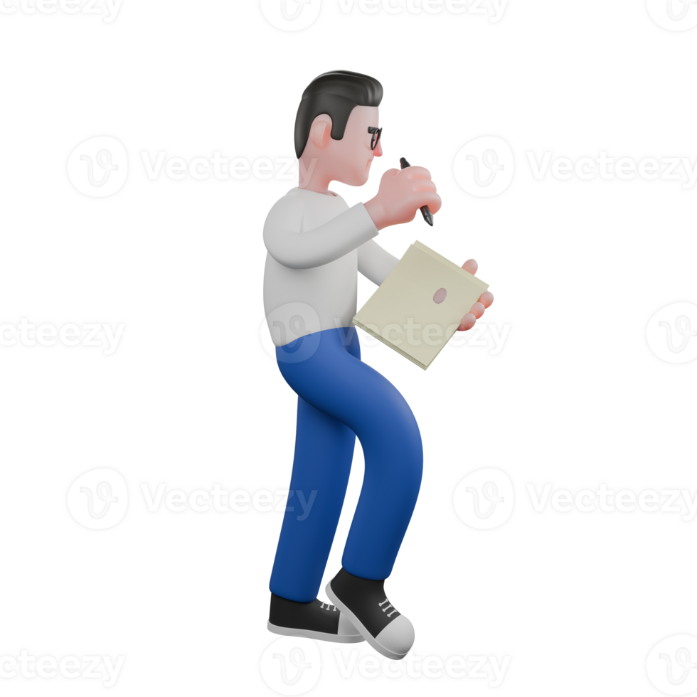 Cartoon Character 3D Model Editor Design. A male editor walks with several sheets of paper and pens in both hands, as if he wants to write. Professional Model png