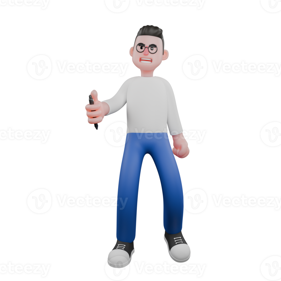 Cartoon Character 3D Model Editor Design. A male Editor stands with his right hand holding a pen while his left hand is clenched at his side. Professional Model png