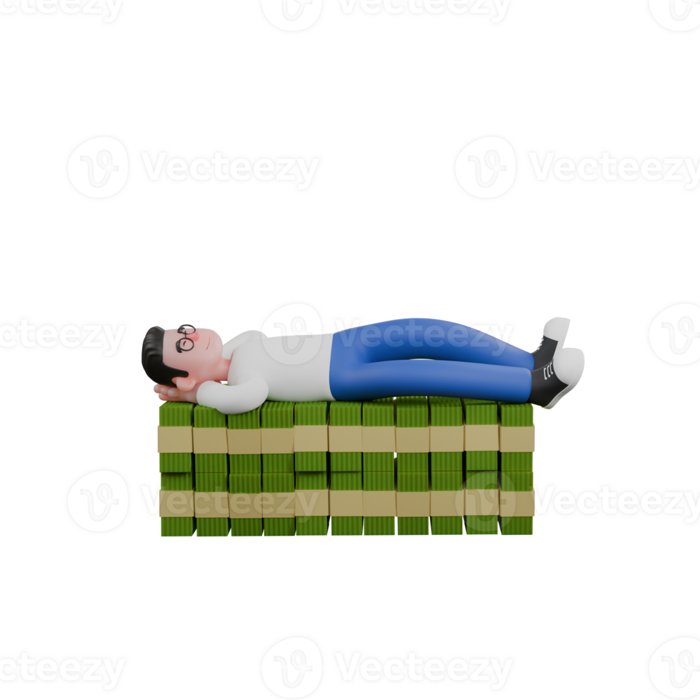 Creative Editor 3D Cartoon Character Design. A male editor is lying on a pile of money with both hands behind his fist. Design png