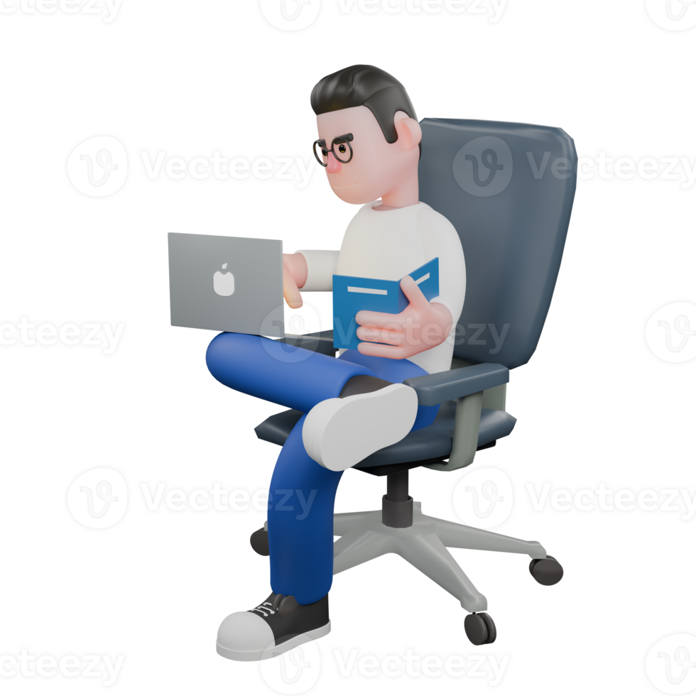 Professional Editing 3D Cartoon Model. A male editor sits with a laptop on his lap typing on the keyboard with his right hand, and his left hand holds a book. Professional Model. png